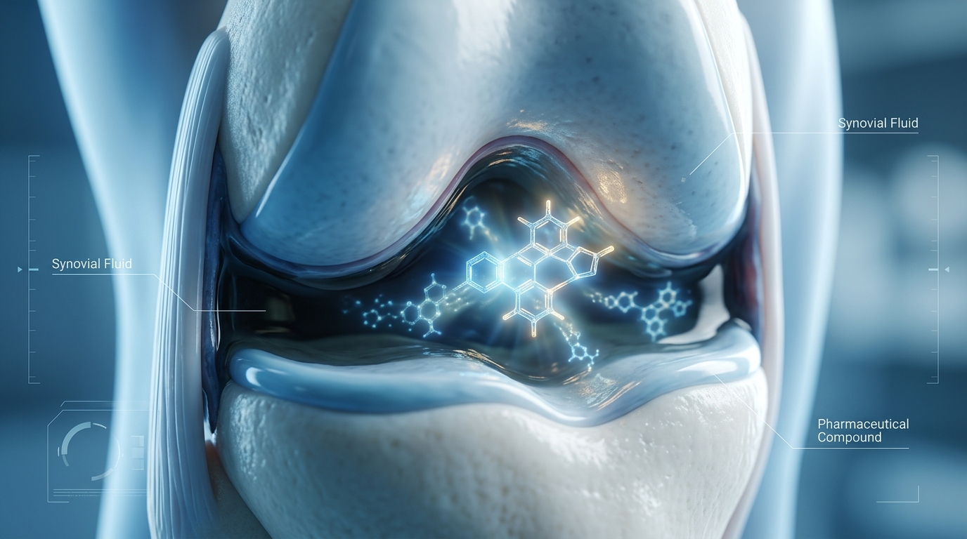 Medical visualization showing sustained meloxicam concentration in joint fluid, highlighting its extended 15-20 hour half-life for arthritis management.