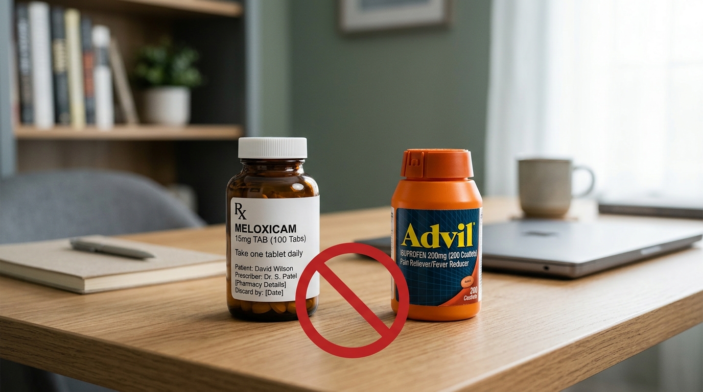 Medical concept showing the risks of combining prescription meloxicam and over-the-counter ibuprofen for arthritis pain management.