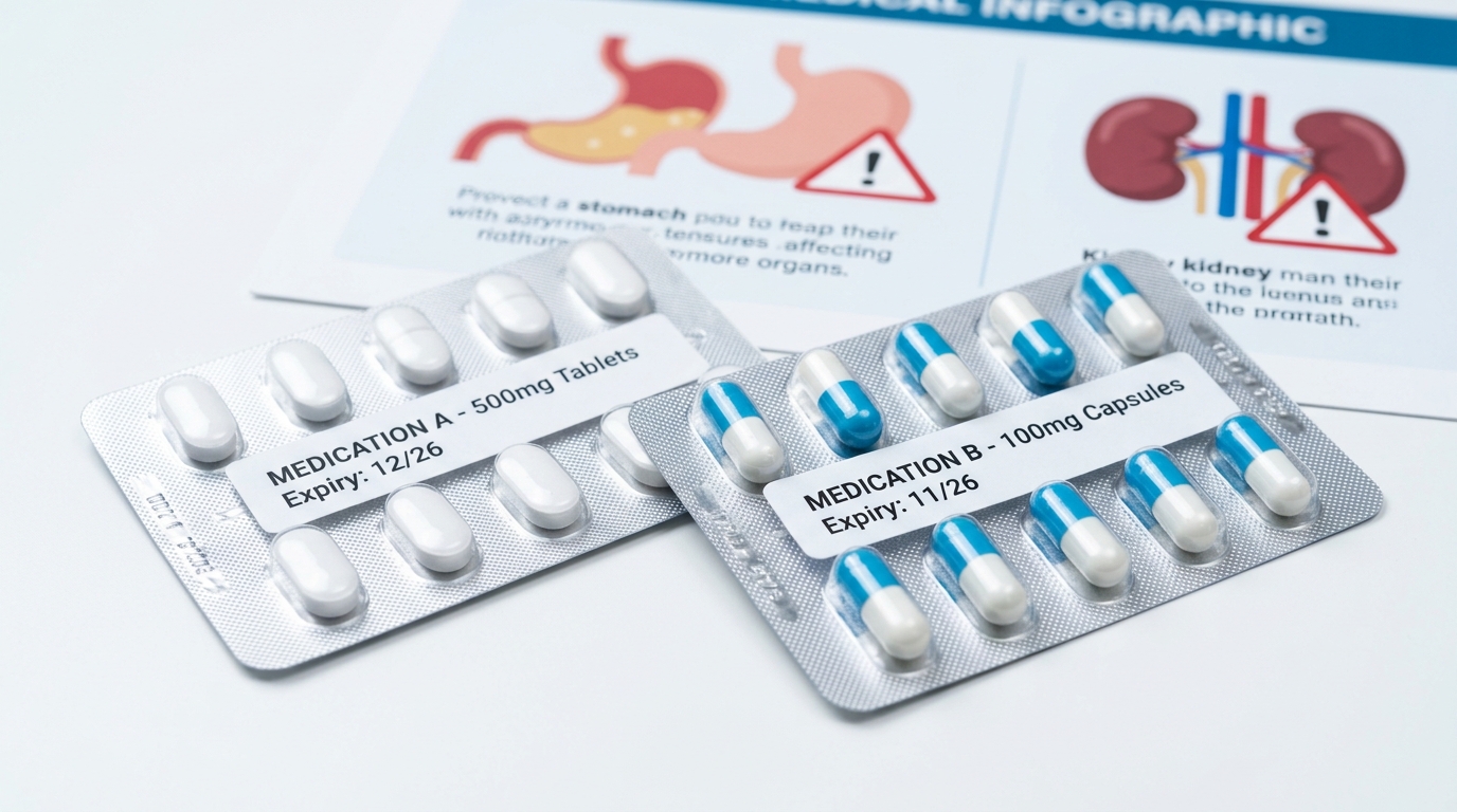 Medical safety warning showing the risks of combining meloxicam and ibuprofen for arthritis breakthrough pain.