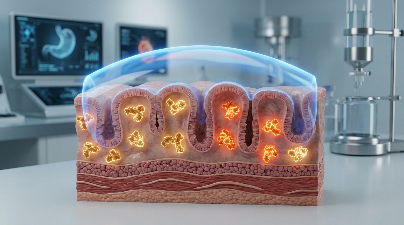 A medical illustration demonstrating the biological protective shield of the stomach, highlighting COX-2 selectivity and the mechanism of NSAIDs.