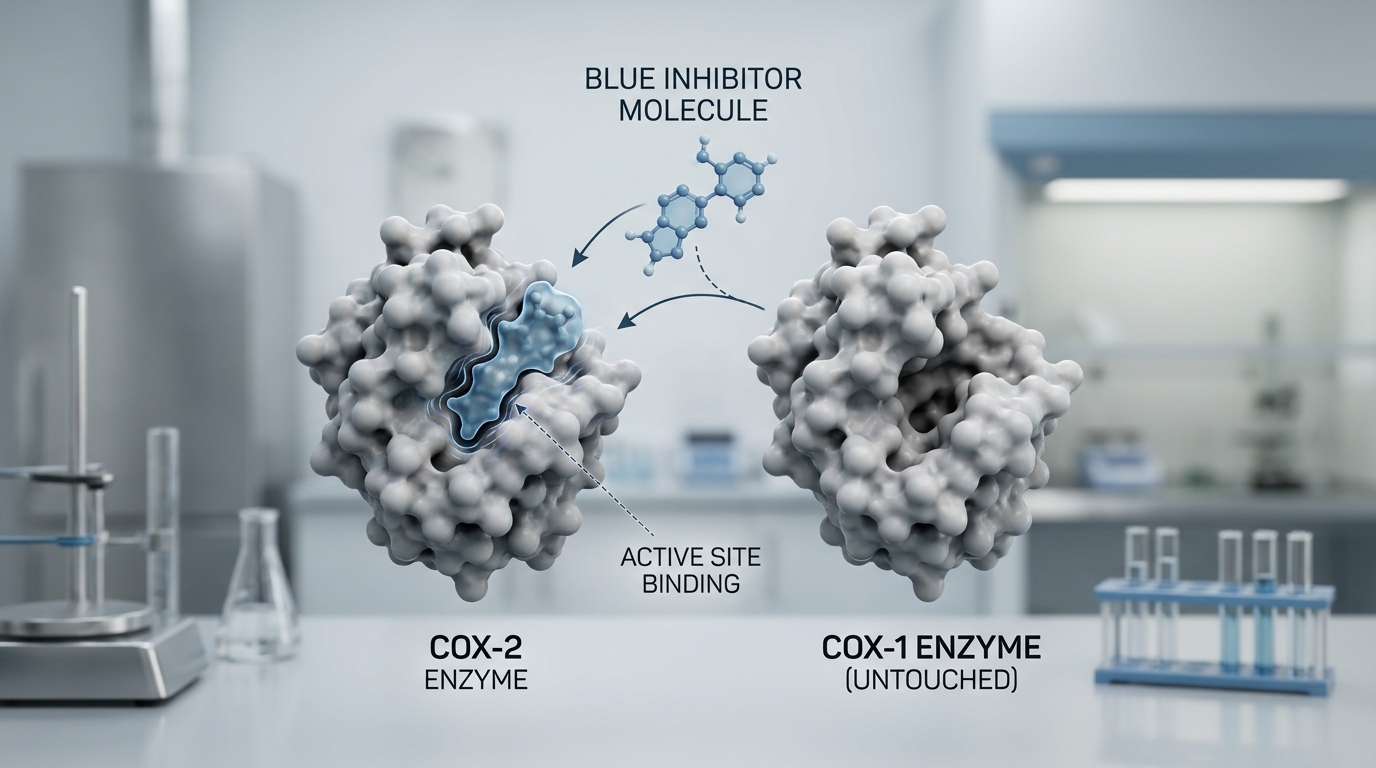 A medical diagram illustrating the selective inhibition mechanism of meloxicam, highlighting the reduction of NSAID-induced gastric side effects.