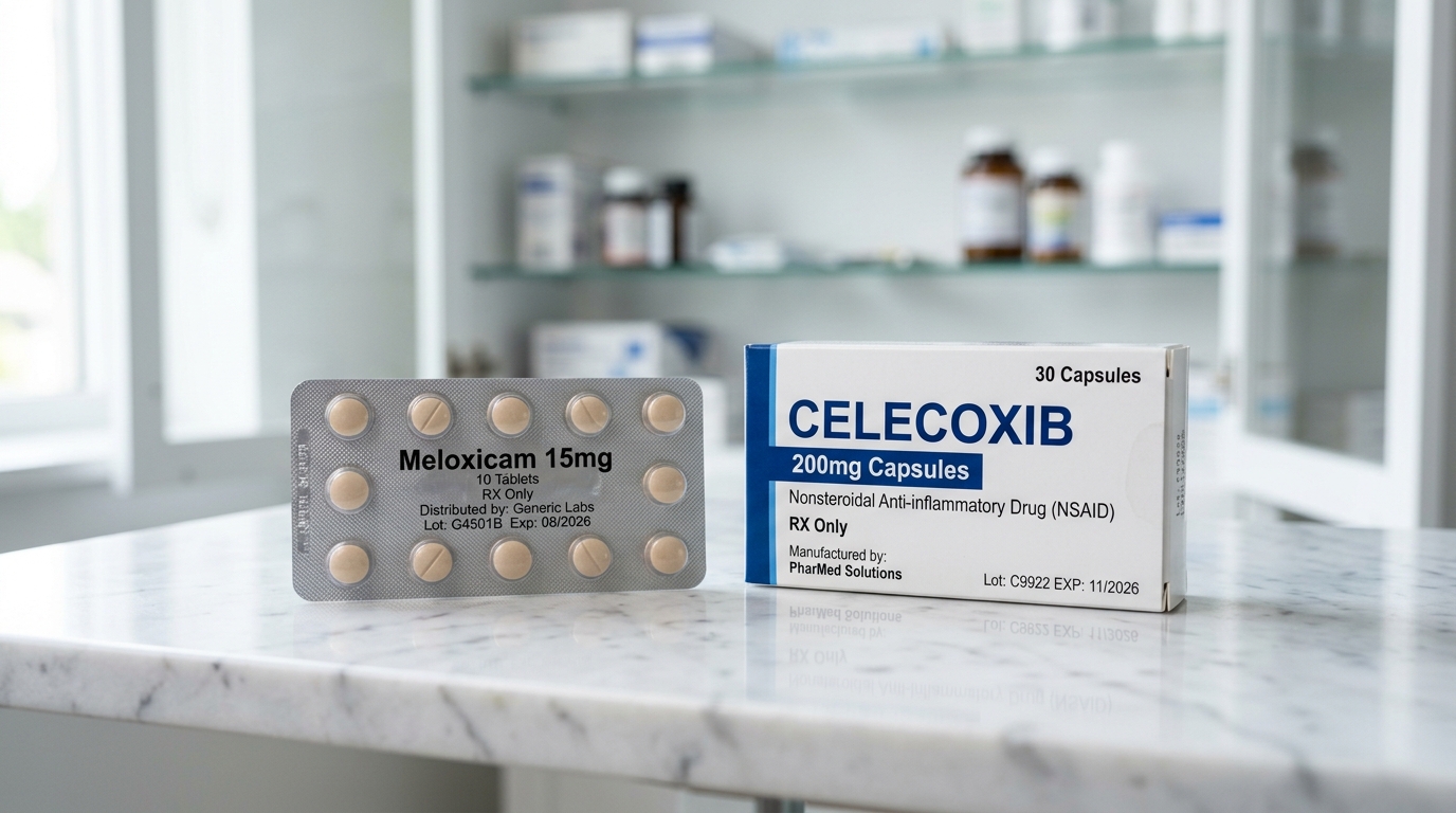 Close up of meloxicam and celebrex prescription medication bottles representing the choice between common arthritis treatments.