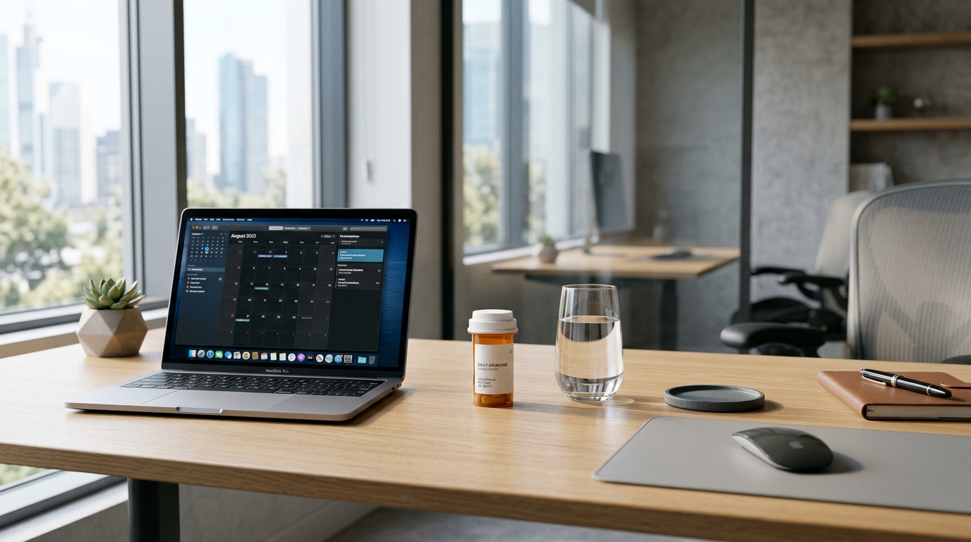 A professional office desk featuring a single medication bottle, representing streamlined workplace pain management and reduced logistical burden.